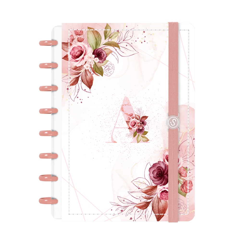Caderno De Disco Capa Dura ISCOOL Inteligente 80 Folhas Monograma Floral Branco E Rosa Letras