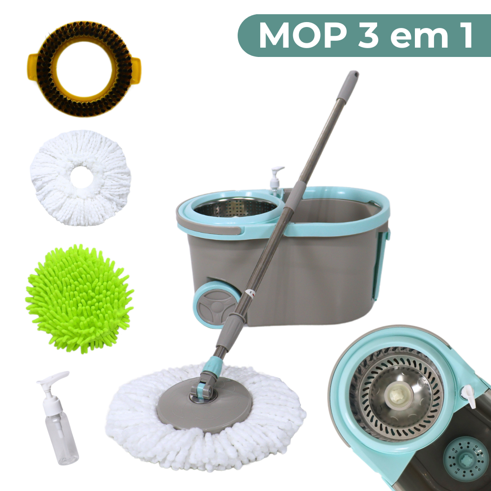 Esfregão Balde Spin Mop Giratorio 360 Com Cesto Inox Rodinhas Alça 3 Refis Limpeza Completo