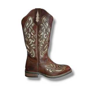 Bota Texana Feminina PRONTA ENTREGA em Couro Bordada Gliter Marrom Claro em Oferta na Shopee