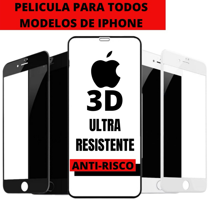 Película iPhone Vidro 3D Todos Modelos 11 Xr 6 7 8 Plus 12 13 14 15 Pro Max
