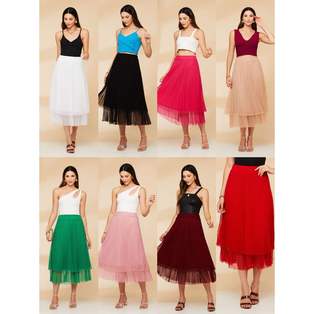 Saia Plissada Midi tule Com Forro -0217 em Oferta na Shopee