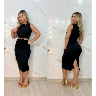 	Vestido Midi Feminino Estilo Tubinho com Argola – Tecido Canelado em Oferta na Shopee