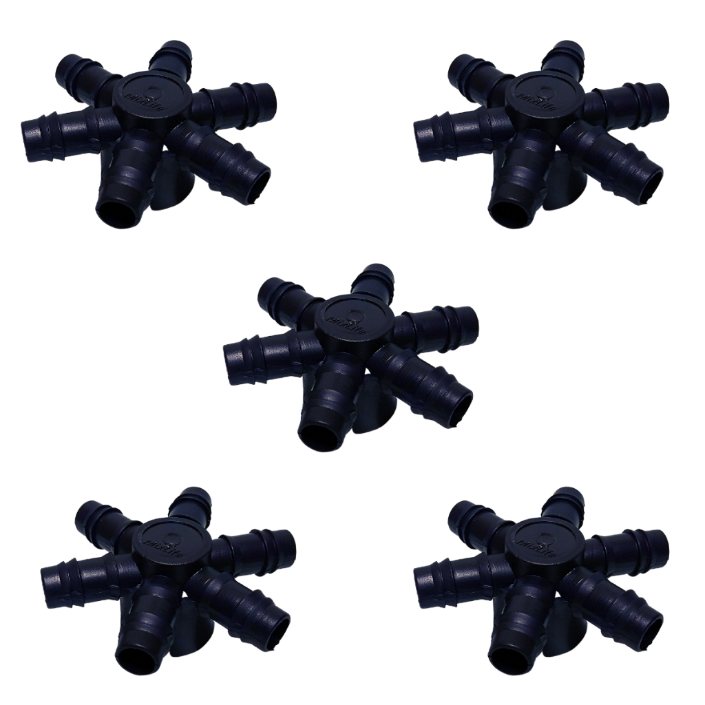 Conector Aranha de Irrigação com 6 Saídas Femea 16mm e Rosca 3/4 Kit 5 unidades