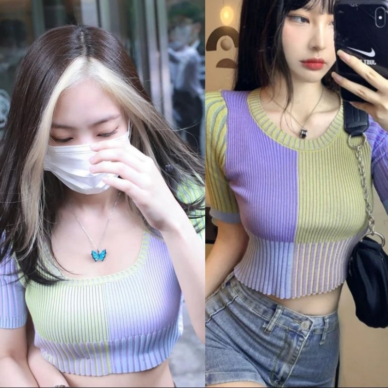blusa blusinha cropped canelado roxo e verde jennie blackpink