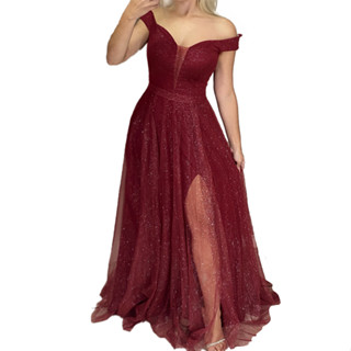 Vestido Longo De Festa Madrinha, Com Fenda, tule brilho 066