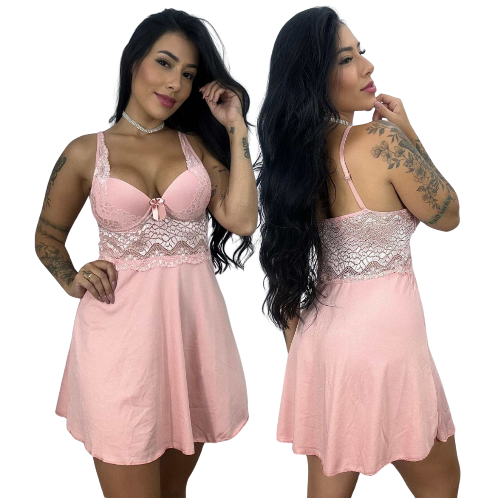 Camisola com Bojo Feminina Soltinha Luxo Renda Lingerie Moda Intima Dormir Alça Pijama