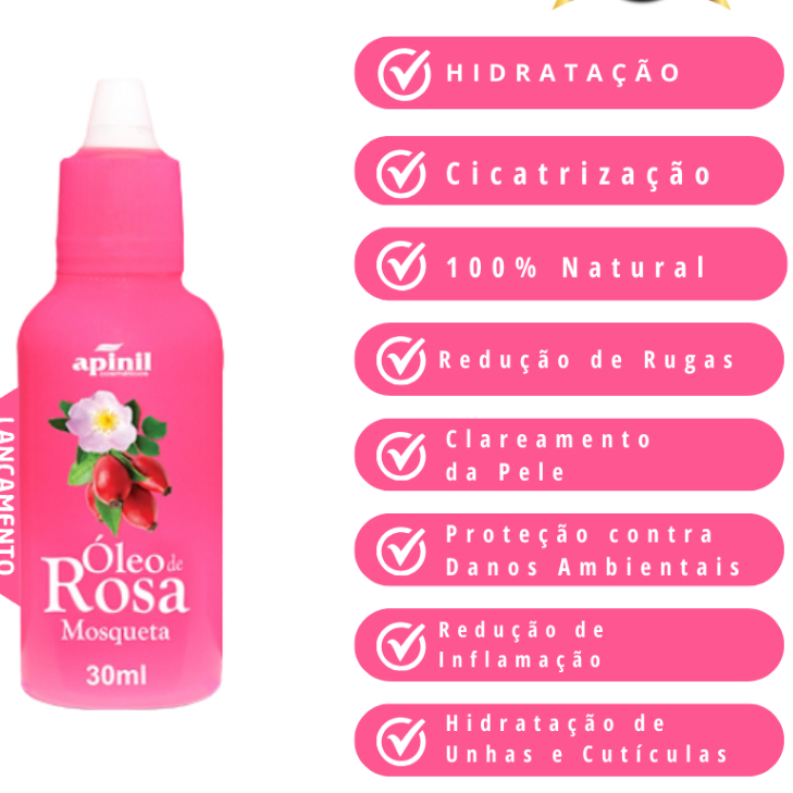 Óleo de Rosa Mosqueta 30ml APINIL - Óleo Clareador de Manchas / Rugas / Estrias / Hidratante