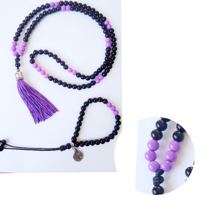 Imagem Japamala 108 Contas Pérola Negra com Acrílico Roxo + Pulseira 27 contas 8 mm Rosário Budista Ref:460