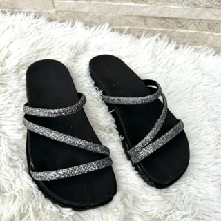 Sandália Papete Birken Glitter 3 tiras feminina rasteirinha chinelo confortavel