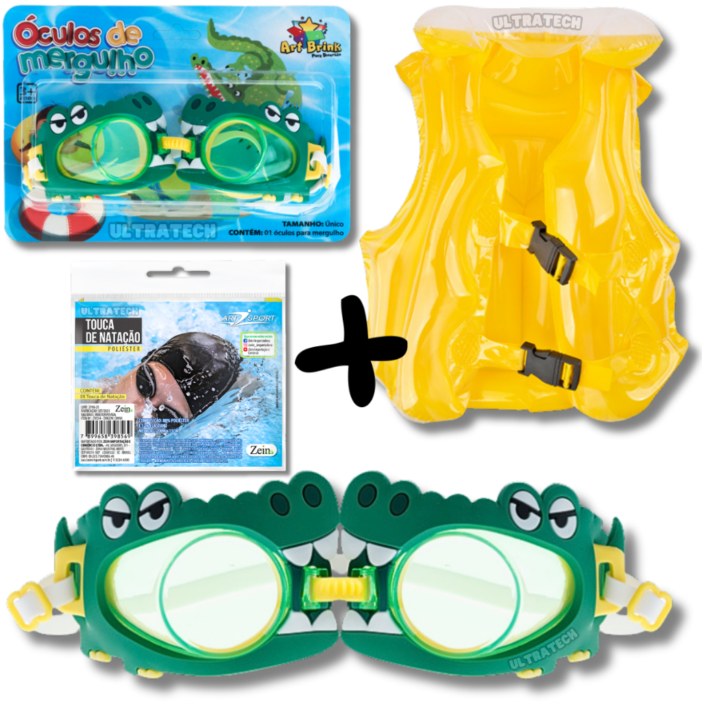 Kit Óculos Natação Infantil Piscina + Boia Colete Touca