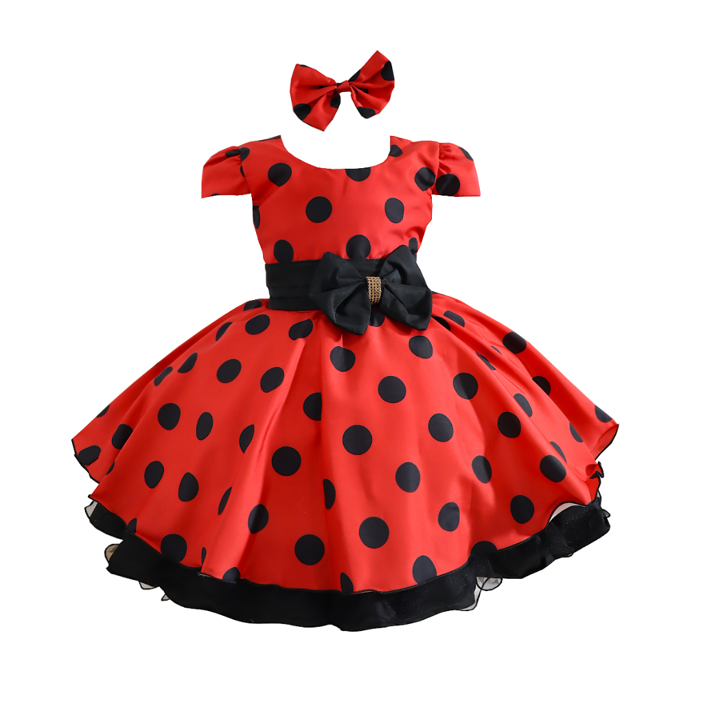 Vestido Bola Preta Infantil Vermelho Joaninha Festa Poá Menina Luxo