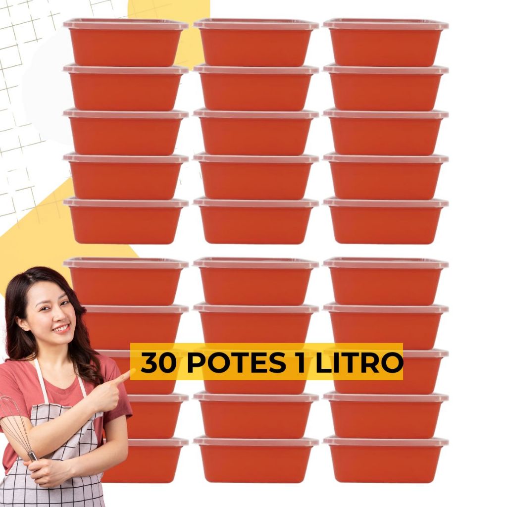 30 Potes Plásticos Mantimentos 1000ml Com Tampa Organizador Alimentos Vasilha Plástico