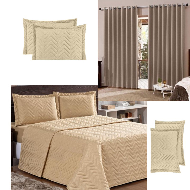 Kit Quarto 4 Peça - Cobre leito  + Cortina Roma 3 metros + 2 fronha, Jogo de cama  , Decoração de quarto Kit Completo