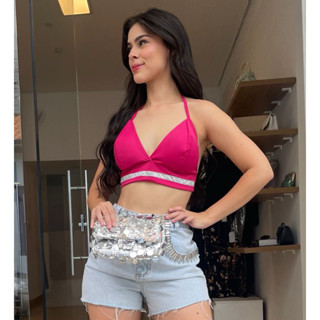 Top Cropped Alfaiataria strass com amarração no pescoço e costas top Cropped brilhante gringa 001