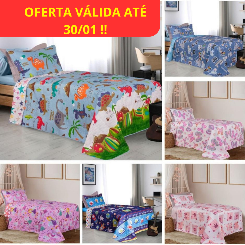 Roupa de Cama 200 Fios Solteiro Infantil Completa - Colcha Lençol com Elástico Fronha