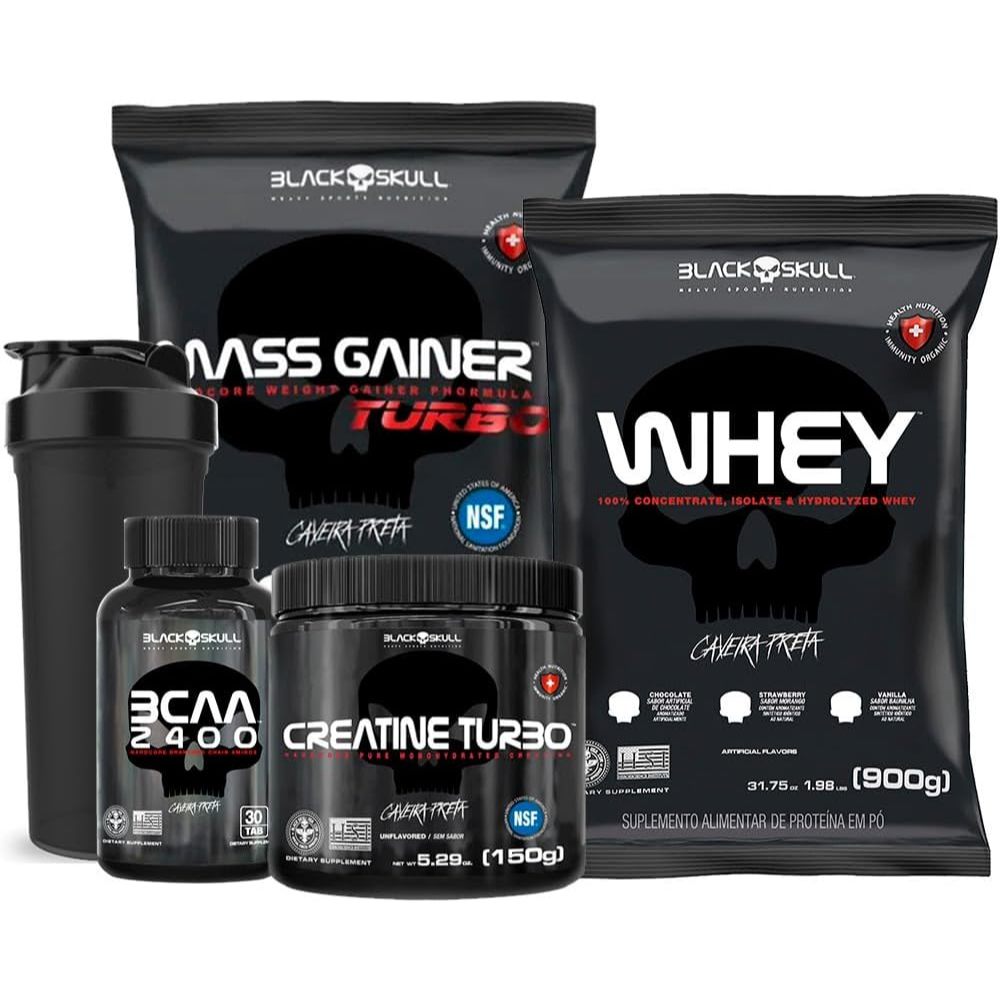 Kit Massa Muscular Whey Refil 900g + Mass Gainer Turbo + Creatina + BCAA + Coqueteleira - Black Skull/Caveira Preta