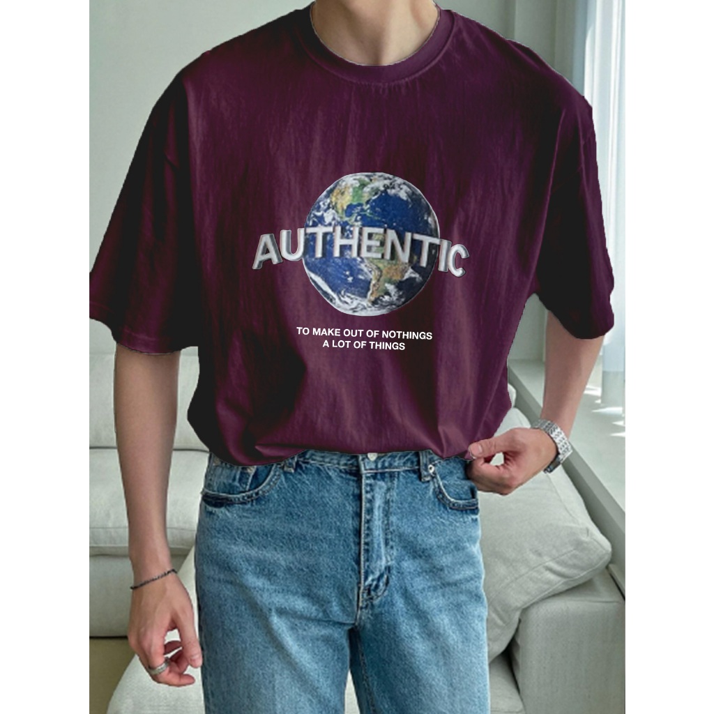 Camiseta Cor Vinho Masculina Oversized Estilo Skatista Estampado Aesthetic Planeta Terra Authentic 