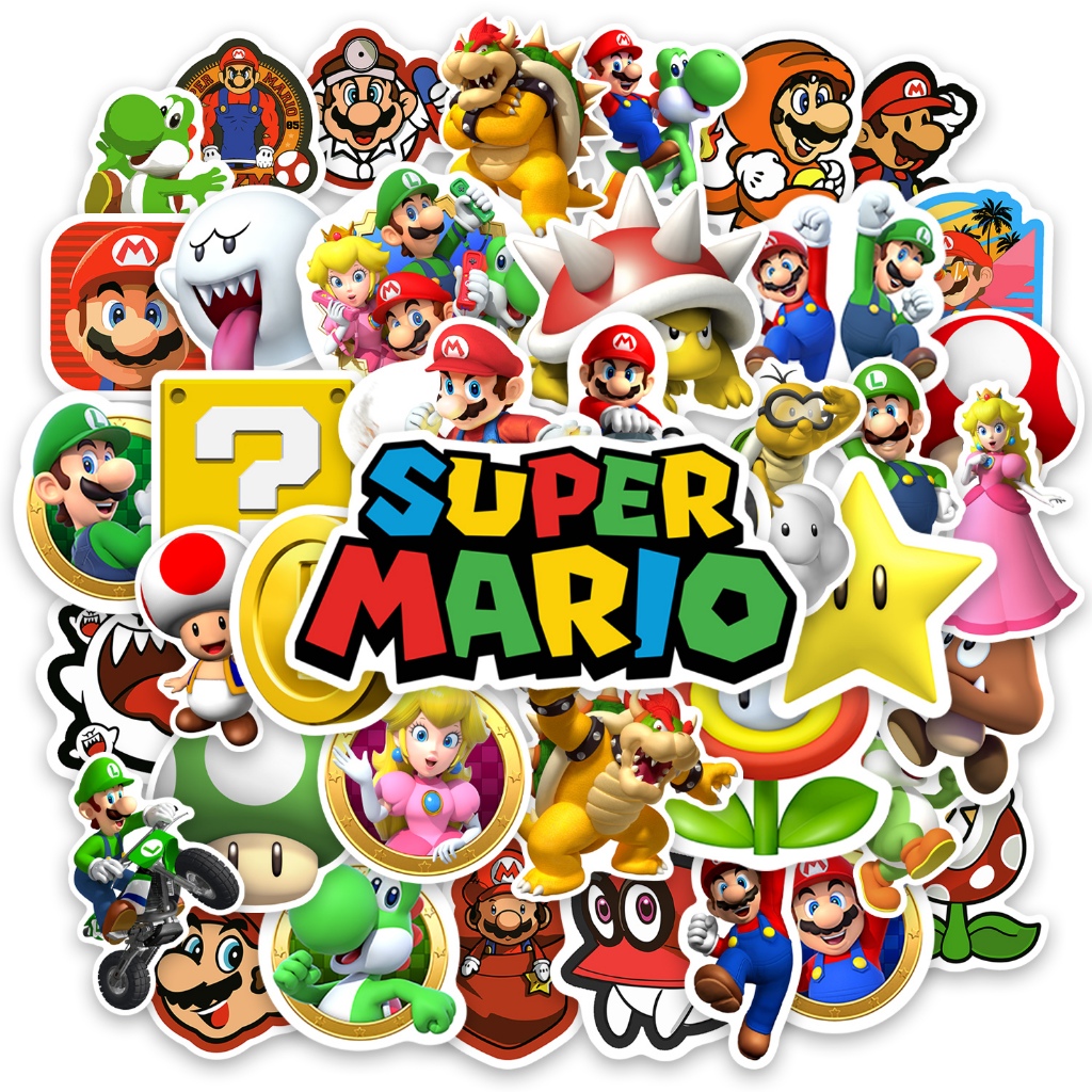 Mega Kit Cartela 40 Adesivos Para Caderno Notebook Variados Super Mario Luigi Bowser Yoshi Carro Moto Capacete Skate