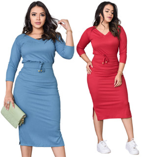 Conjunto Feminino Saia Mídi e Blusa Manga 3/4 Malha Canelada Moda Evangélica Plus Clássico