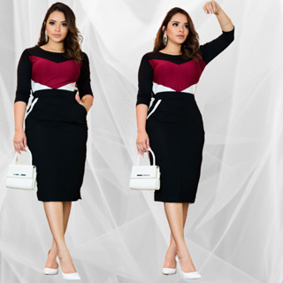 Conjunto Saia Mídi e Blusa Manga 3/4 Viscolycra Forrado Moda Feminina Evangélica Social Plus