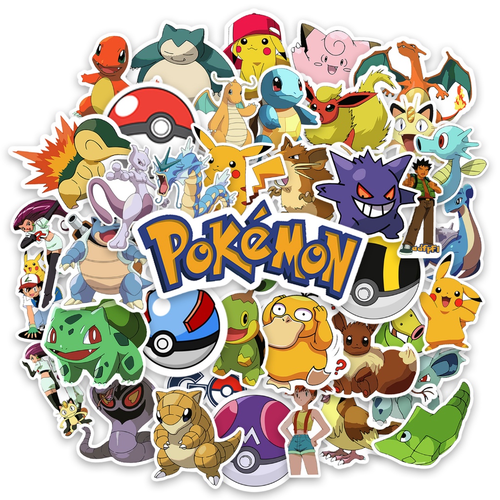 Jogo 40 Adesivos Pikachu Bulbasaur Charmander Squirtle Ash Blastoise Dragonite Mewtwo Variados Para Caderno Notebook Carro Moto Capacete Skate