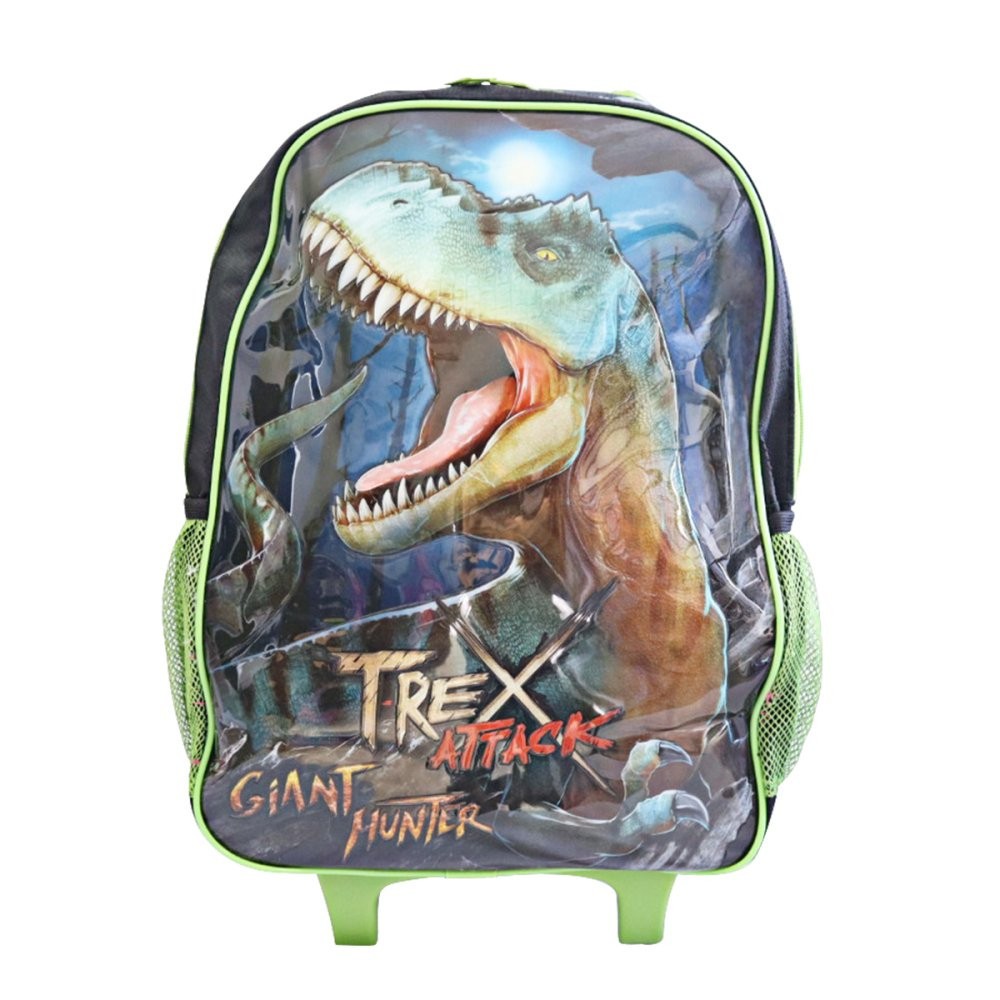 Mochila Escolar Infantil de Rodinhas Dinossauro T-Rex com Haste Alças de Costa Suave Acolchoadas Jurassic Park