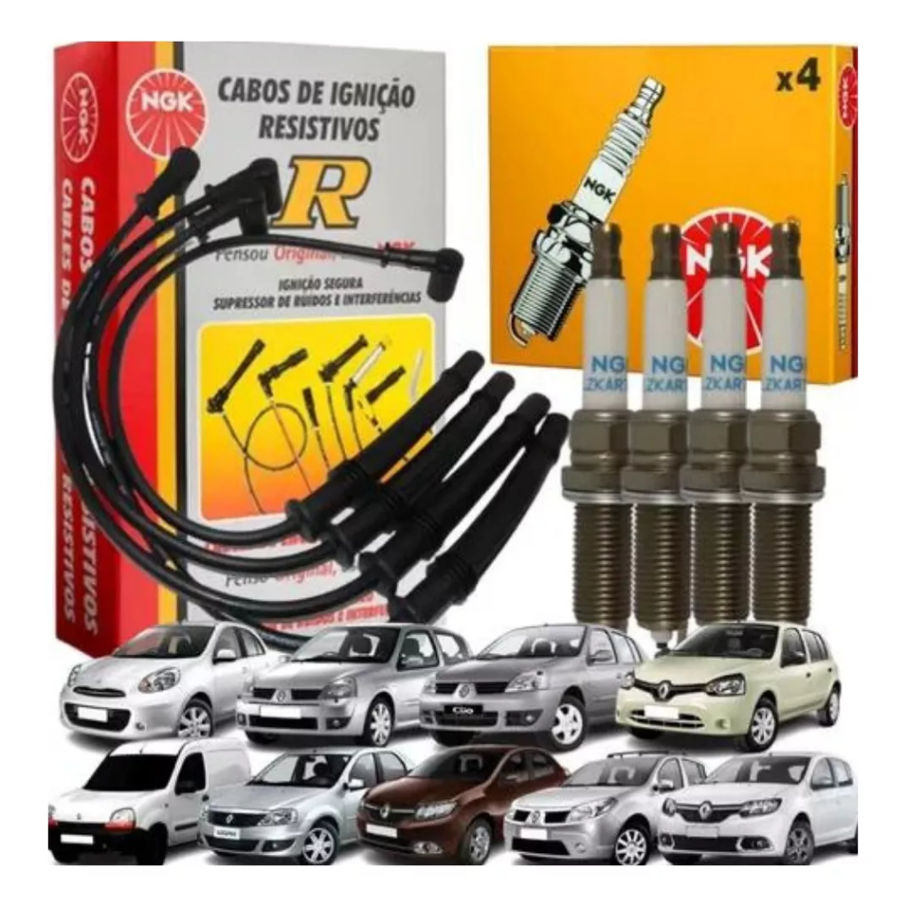 Kit Jogo Cabo E Vela Ngk Logan Sandero Clio March Kangoo