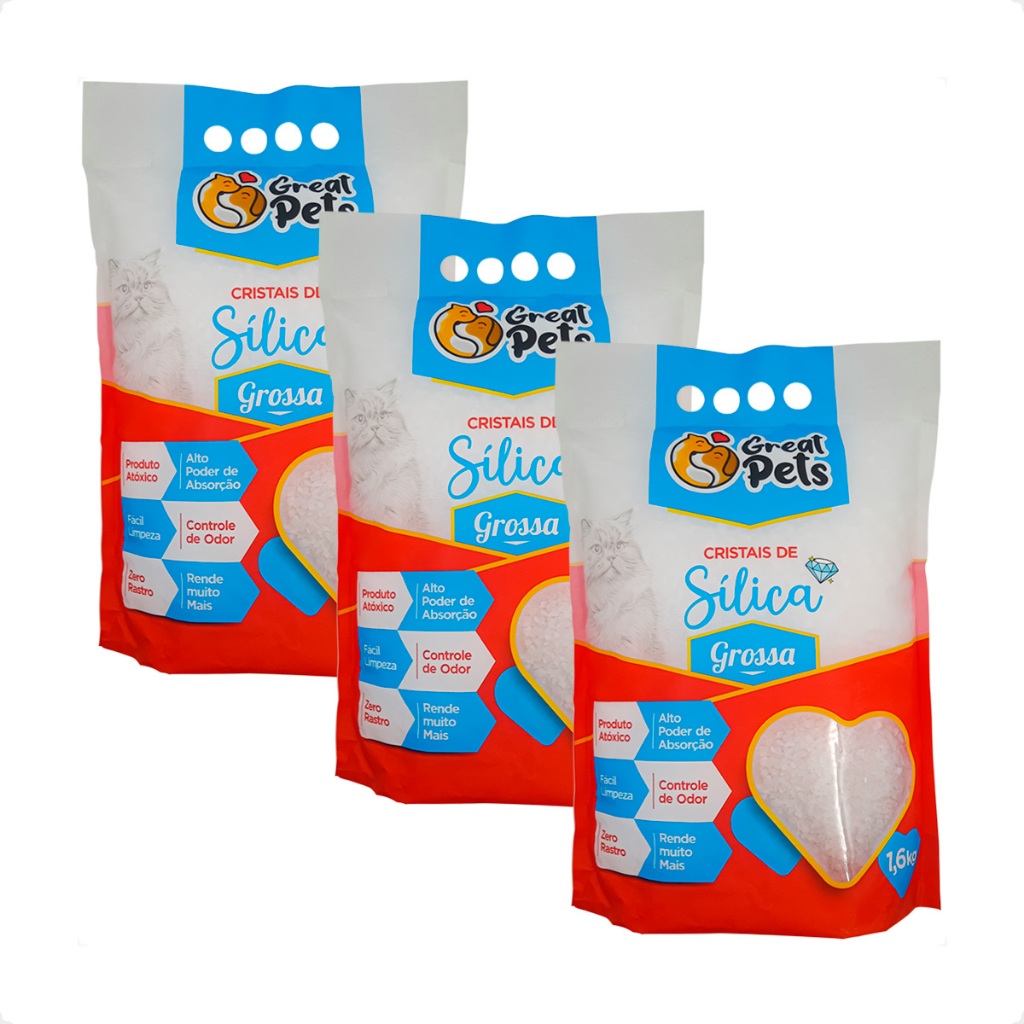 Kit 3 Areia Sílica Grossa Great Pets para Gatos - 1,6 Kg - Pets
