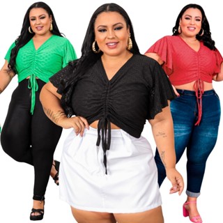 Cropped Feminino Plus Size Blusa Laise Forrado Transpassado Manga Flare Morcego Regulagem 46 48 50 52 GG G1 em Oferta na Shopee