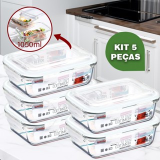 Kit 5 peças De Potes 1050ml Vidro Hermético 4 Travas Marmita Premium