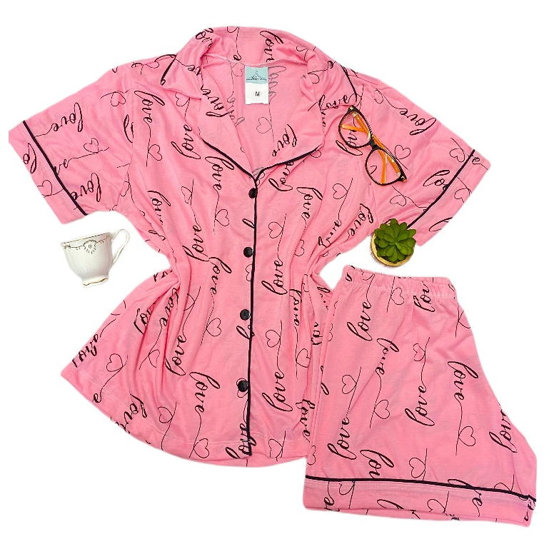 Pijama americano Feminino Short Doll  blogueira com abertura e botões estampas variadas ma...