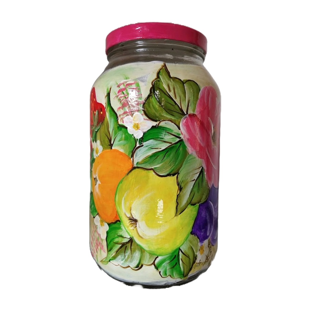 Pote de Vidro Pintado a Mão Frutas 3L Com Tampa Para Mantimentos E Outras Utilidades