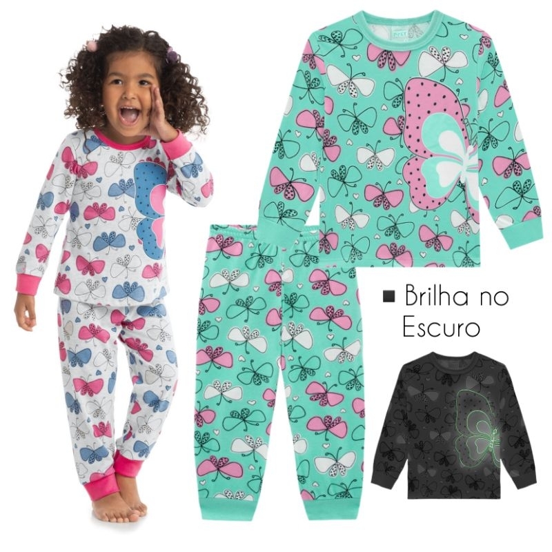Pijama Infantil Feminino Longo em Meia Malha Borboletas Kyly