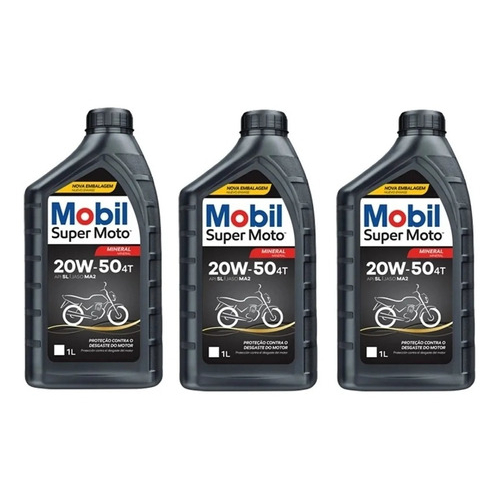 KIT 3 OLEO MOBIL Moto 20W50 Mineral API SL Jaso Ma2 - 1 Litro Óleo Lubrificante motor SUPER MOTO 4t