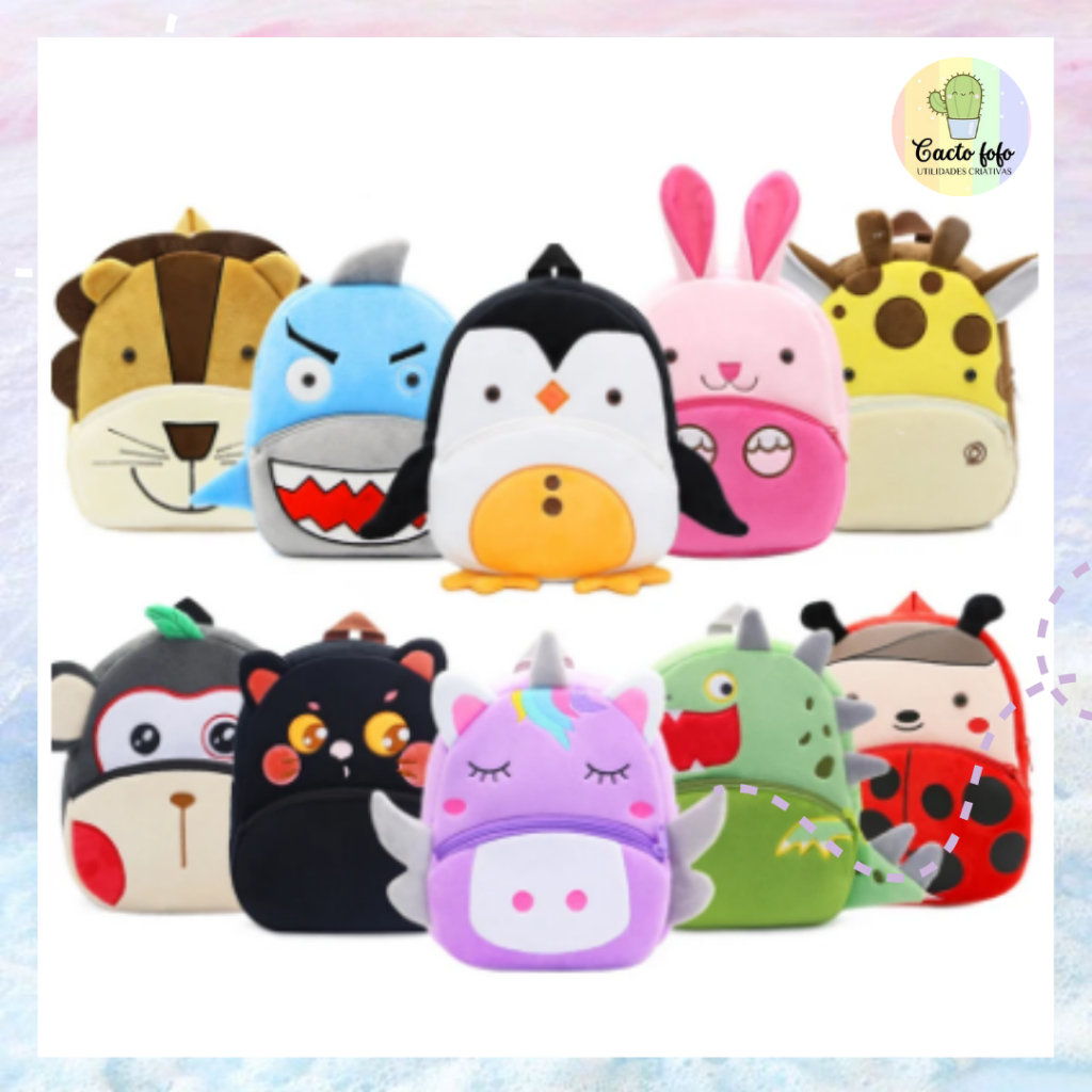 Mochila animais pelúcia Unicórnio Gatinho fofa linda escola creche passeios