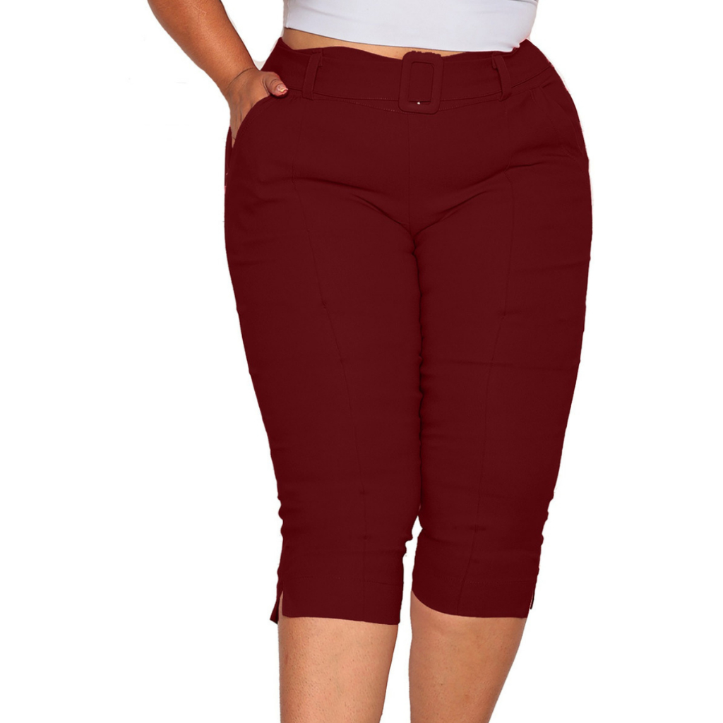 Calça Feminina Capri Plus Size Bengaline Grande Bolsos + Cinto Super Confortavel