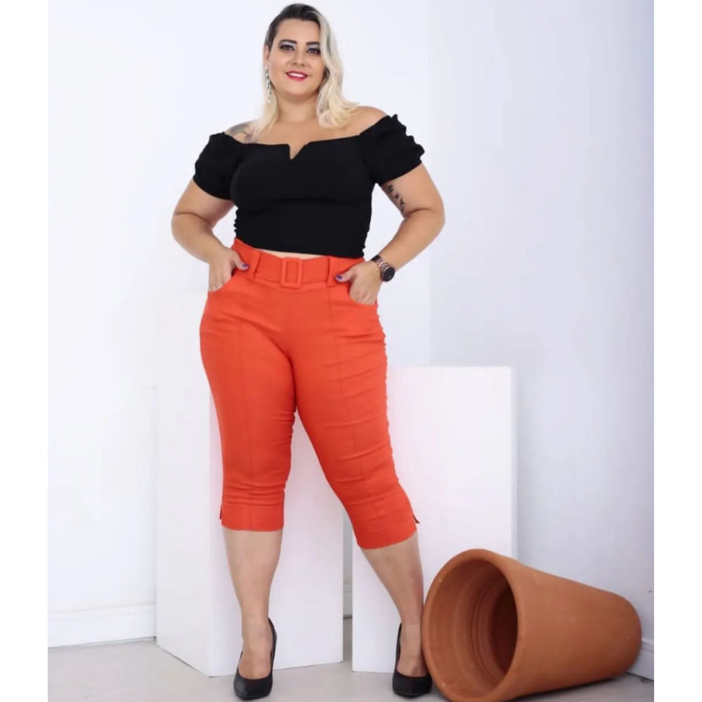 Calça Feminina Capri Plus Size Bengaline Grande Bolsos + Cinto Super Confortavel