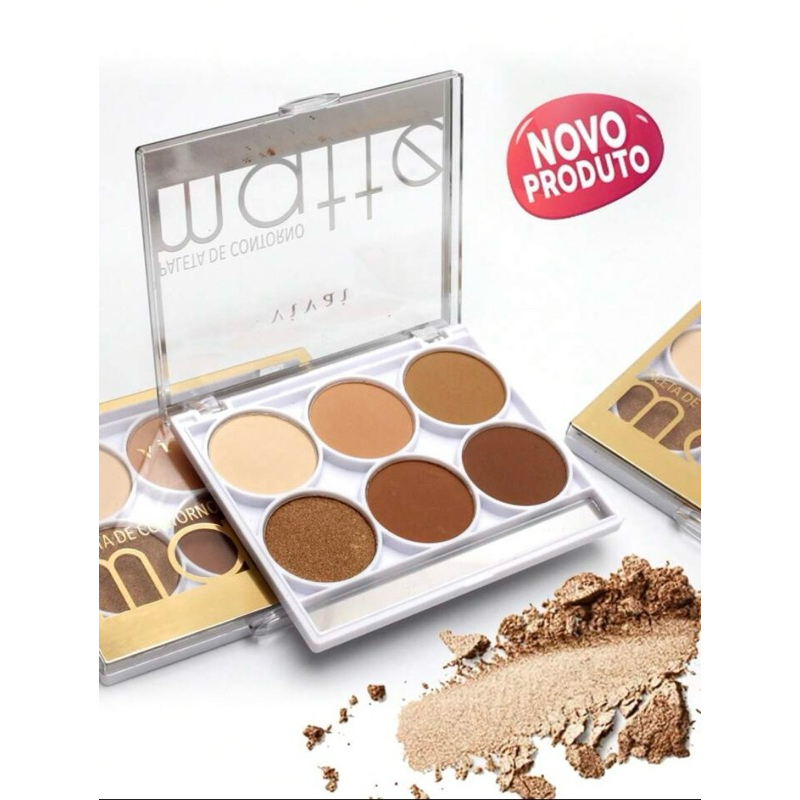 Paleta de Contorno Matte Facial 6 Cores Pó Compacto e Iluminador Cores Pigmentadas Com Pincel Maquiagem Vivai