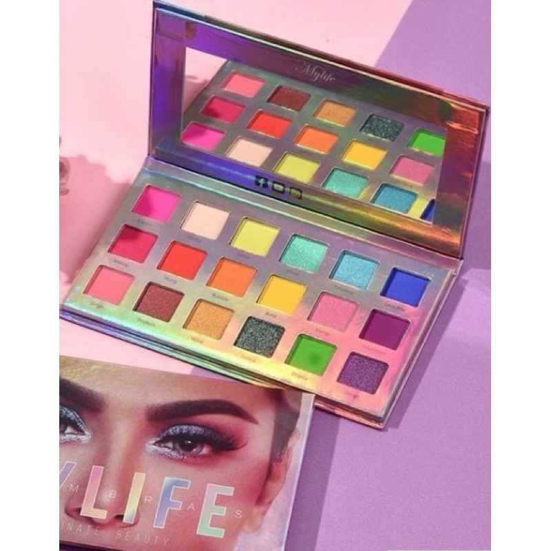 Paleta de Sombra Matte Cintilante e Iluminadora My Life, 18 cores! Estojo com espelho nas dimensões: 17,5 x 10cm