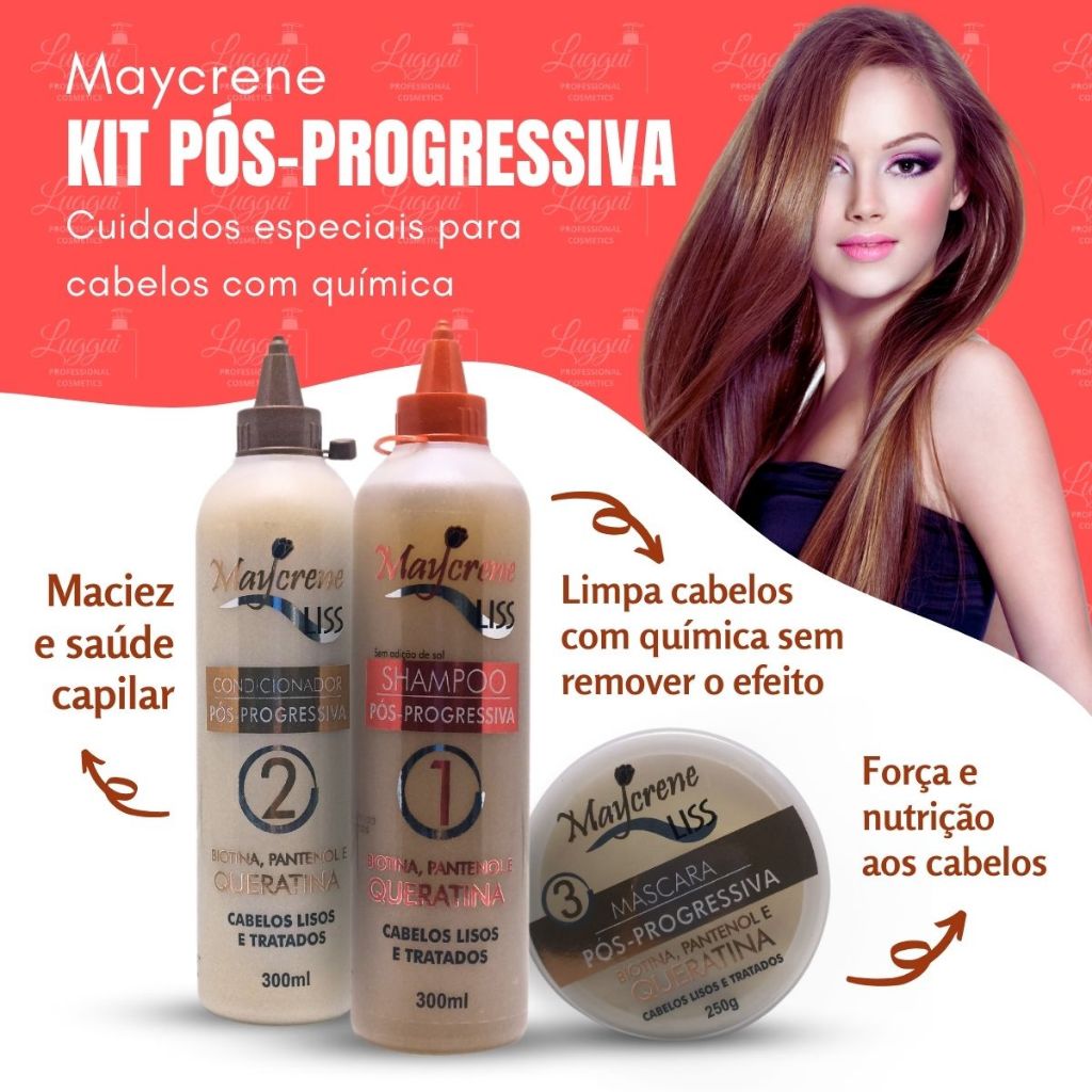 Kit Maycrene Liss Pós-Progressiva Cuidados para Cabelos Alisados (Shampoo e Condicionador 300ml + Máscara 250g)