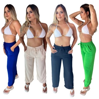 Calça Pantalona Todas as Cores Feminina Elástico Na Cintura Com Bolso Cintura Alta Tecido Duna