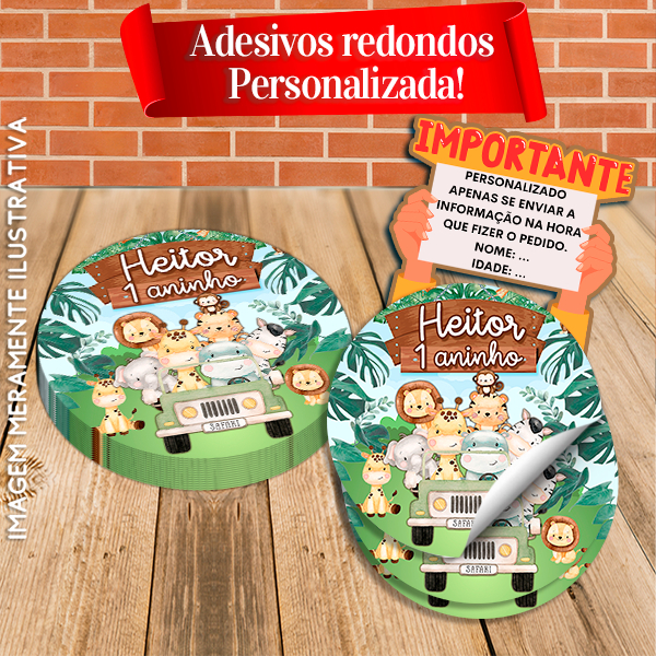 Adesivos Redondos Personalizados Safari Aquarelado