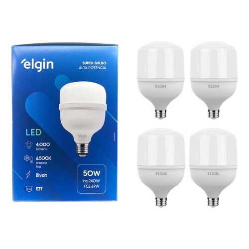 Kit  2/3/4/5/8  Lâmpadas Led 50w Bulbo E27 6500k Branco Frio Elgin em Oferta na Shopee