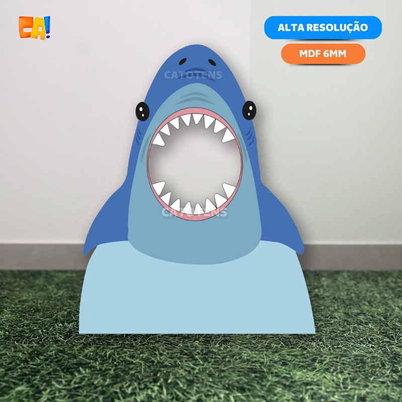 Display de chão MDF Tubarão boca aberta vazada para fotos 70cm a 95cm catotens