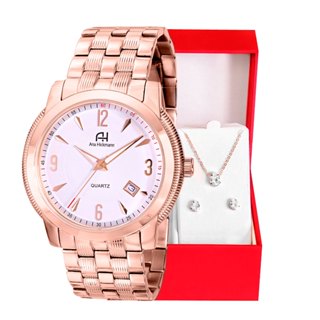 Relógio Champion Ana Hickmann Feminino Analógico Rosé Calendário + Kit Colar e Brincos Original À Prova d