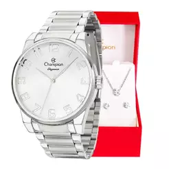 Relógio Feminino Champion Analógico Prata Minimalista Original + Conjunto Colar e Brincos CN27652Q Relógio De Pulso