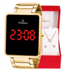 Relógio Digital Feminino Champion Dourado Original + Kit Colar e Brincos CH40086V Relógio Champion Feminino