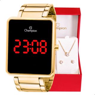 Relógio Champion Feminino Digital Dourado + Kit Colar e Brincos Original Presente Moda Gif...