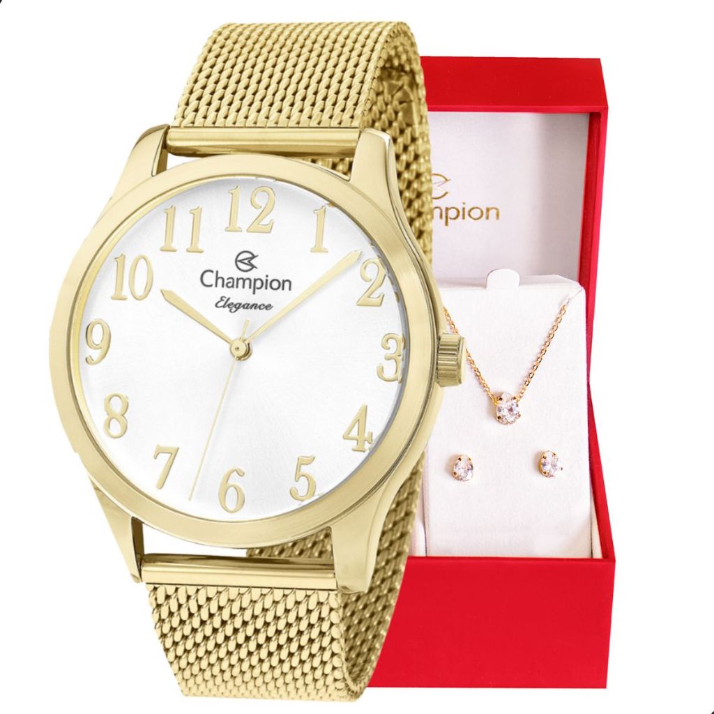 Relógio Champion Feminino Analógico Dourado Pulseira Mesh Original À Prova d'Água Presente Moda CN26019B