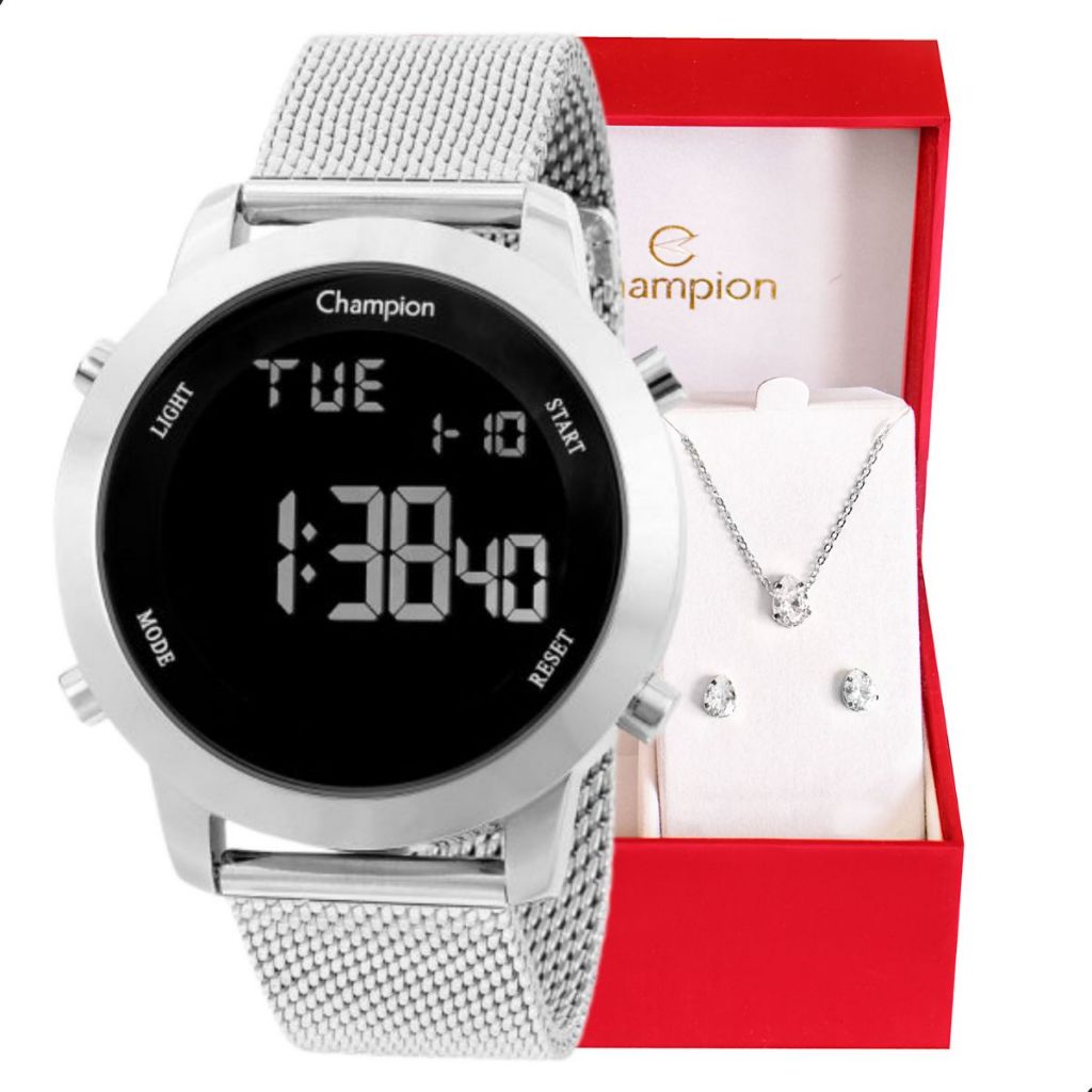 Relógio Champion Feminino Digital LED Prata Original À Prova d'Água Tendência Estilo Mulher Barato CH40062T